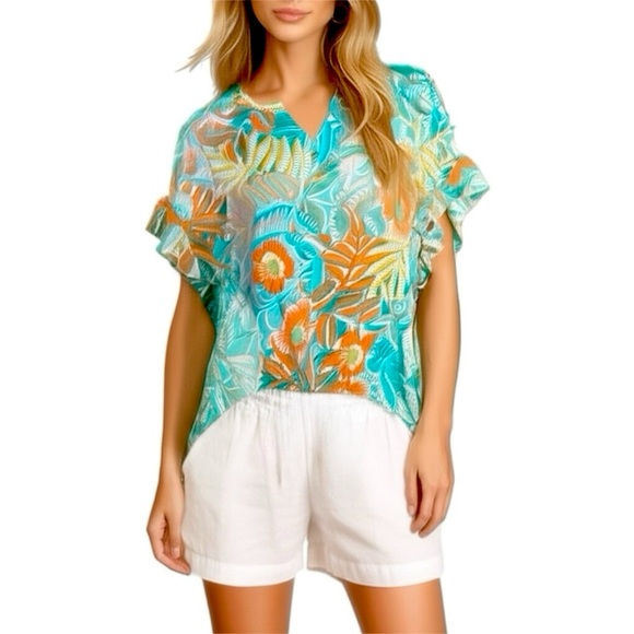 NWT RUBY RD Tropical Floral Short Sleeve Blouse Flutter Sleeve Split Neck Top - Picture 1 of 12